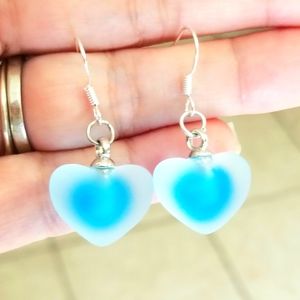 Sterling Silver Earrings Turquoise Glass Heart Earrings Dangle Earrings Handmade